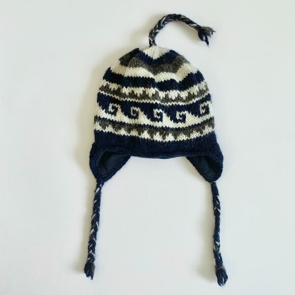 Nepal Wool Knit Winter Hat Toque Ear Flap Navy White Cottage Grandma Fisherman - Picture 4 of 15